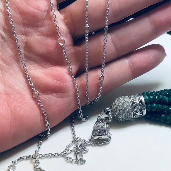 Genuine Emerald & Zircon Tassel Pendant Necklace - Picture 7 of 9